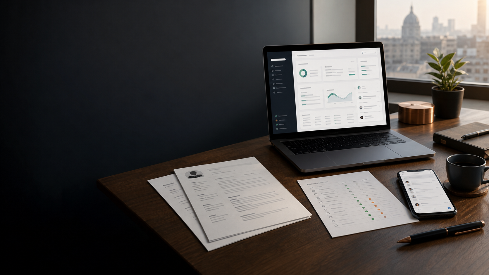 A calm work desk with a laptop dashboard, CV papers, an application log, and an email phone thread.